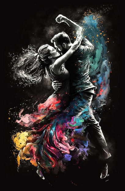 Генеративный ИИ-иллюстратор молодой пары, танцующей на улице