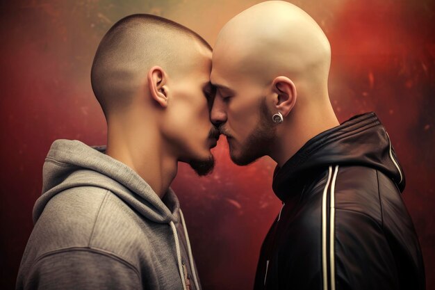 Photo generative ai illustration of young gay couple gay man in love bald kissing