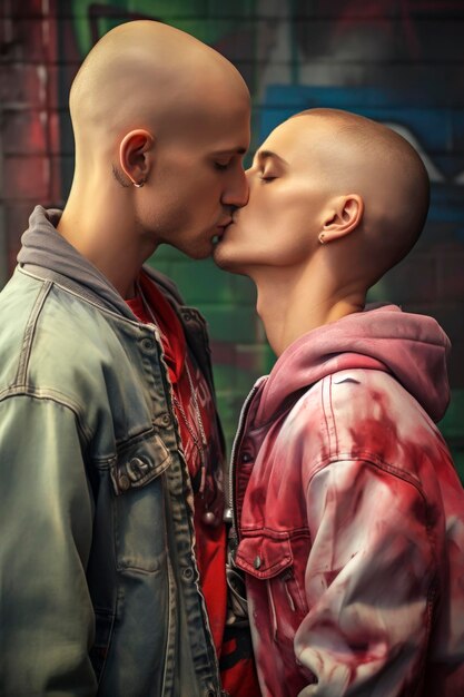Генеративная AI иллюстрация молодой гей-пары, влюбленного гея, целующегося в лысину