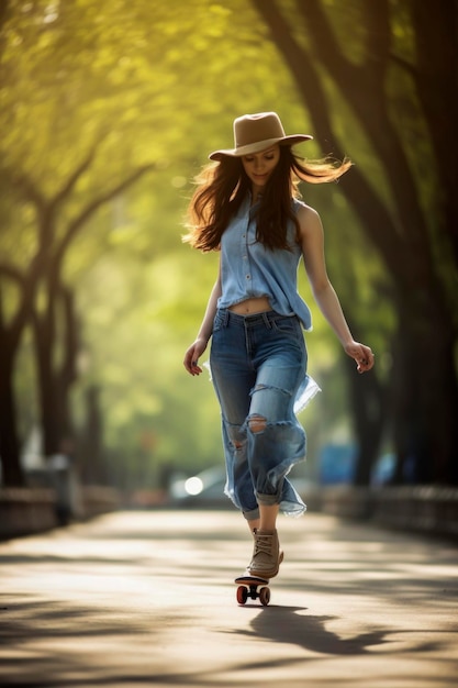 Photo generative ai illustration of young girl dressed in blue jeans and hat skating through the park at full speed