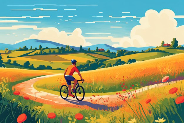 人工知能 (AI) による夏の背景で自転車に乗っている若者のイラスト 山の風景山の森の風景で自転车に乗っている男のイラスト