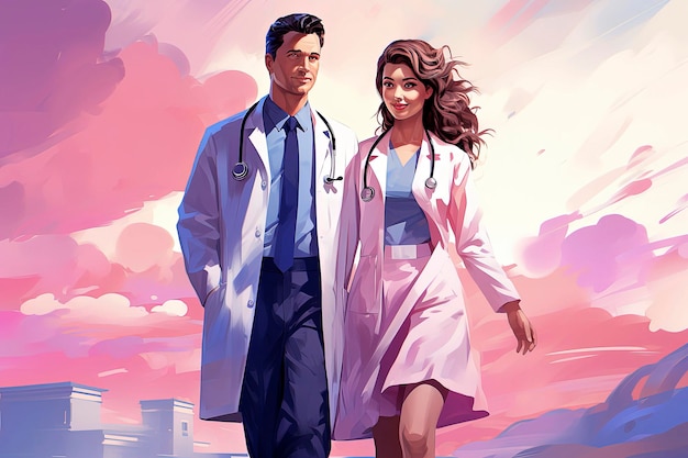 Generative AI illustration of young medical couple dressed in white coat in minimalist illustration styleDigital art Health concept