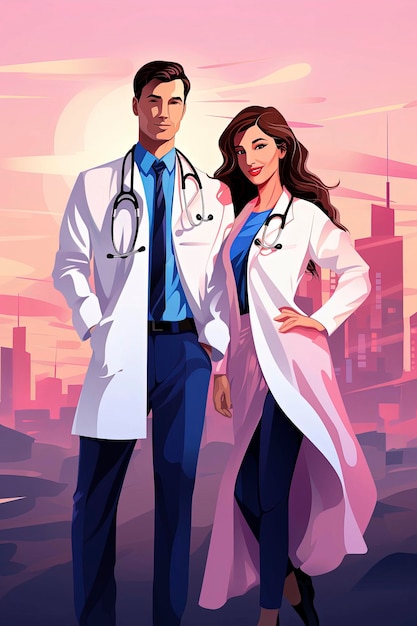 Генеративный AI иллюстрация молодой медицинской пары, одетой в белый халат, в минималистском стиле иллюстрацииЦифровое искусство Концепция здравоохранения