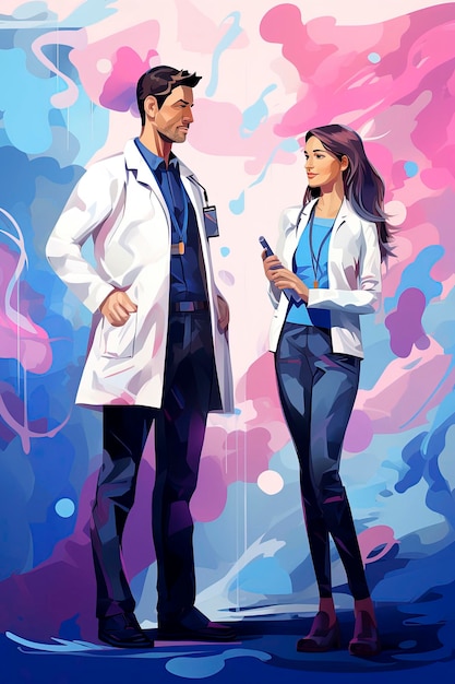 Generative AI illustration of young medical couple dressed in white coat in minimalist illustration styleDigital art Health concept