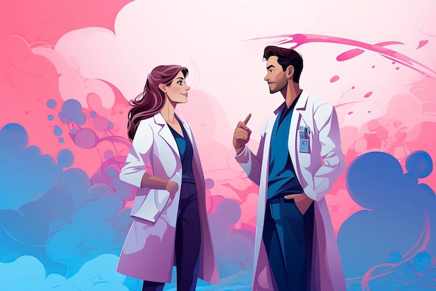 미니멀리즘 일러스트레이션 스타일의 흰색 코트를 입은 젊은 의료 커플의 생성 AI 일러스트레이션디지털 아트 건강 개념