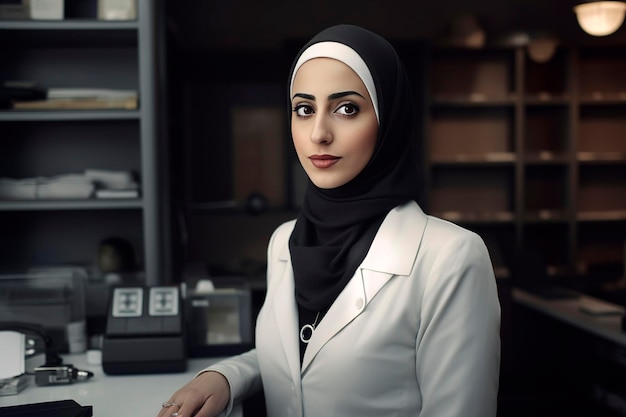 Hijab 청진기와 작업복을 입은 젊은 무슬림 여성 의사의 생성 AI 삽화