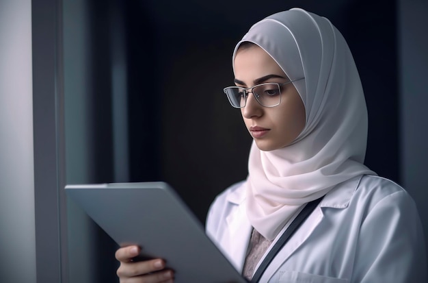 Generative AI illustration of Young Muslim woman doctor with hijab stethoscope and work uniform