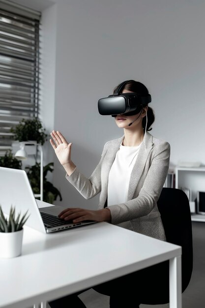 仮想メガネを使って働くオフィスの若い女性の生成 AI イラスト