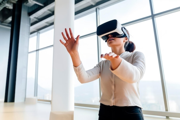 仮想メガネを使って働くオフィスの若い女性の生成 AI イラスト