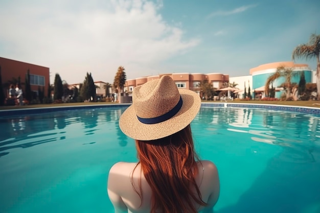 Generative AI illustration of Young woman with long hair wearing hat relaxing in swimming pool at tourist resort during