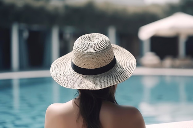 Generative AI illustration of Young woman with long hair wearing hat relaxing in swimming pool at tourist resort during