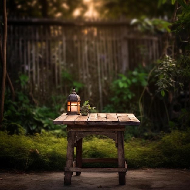 Generative AI IllustrationAn empty wooden table in the garden outside in the evening Mockup