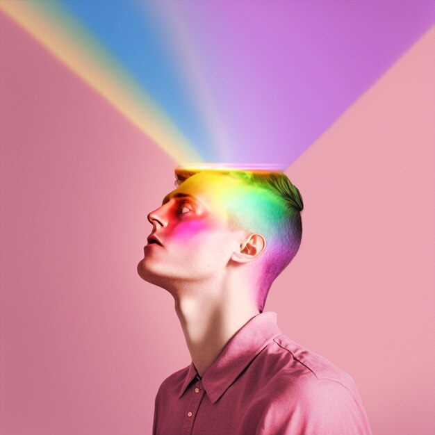 Generative ai illustrative portrait man with rainbow reflection