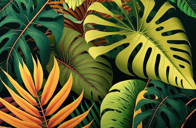 Generative AI Ilustration of background Colorful tropical palm leaves