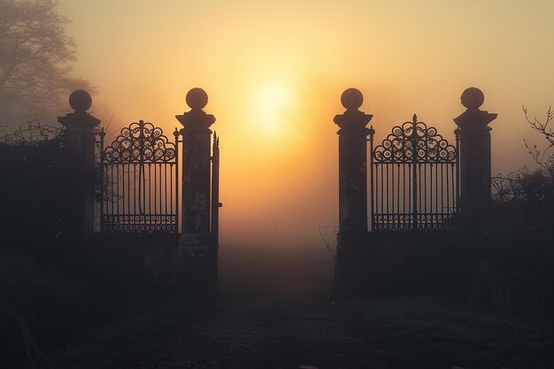 Generative AI Image of Ancient Entrance Gate with Thick Mist at Sunset