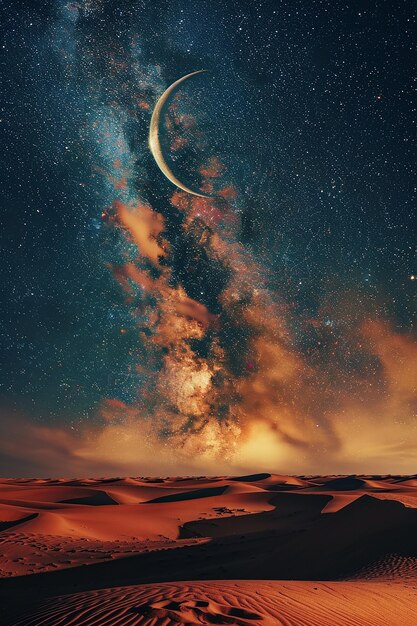 Photo generative ai image of arabian desert view with crescent moon and galaxy in night sky