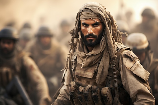 Генерируемое ИИ изображение арабского солдата, готового к войне против врага