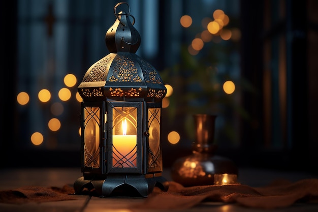Генерируемое ИИ изображение арабского фонаря с горящей свечой, светящейся ночью