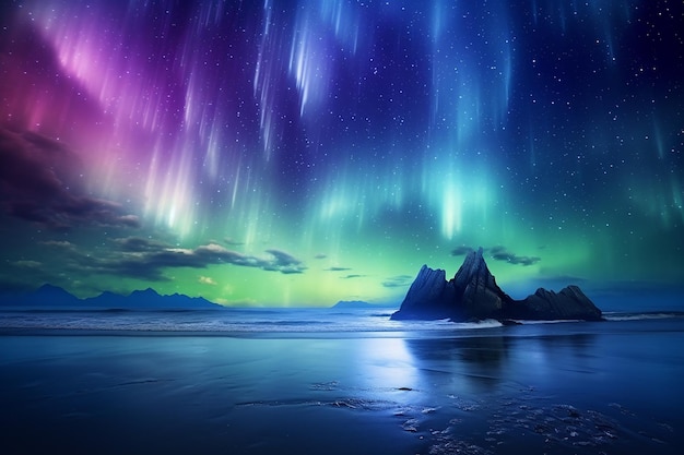 Generative ai image of beach nature landscape with lights of aurora borealis in night sky