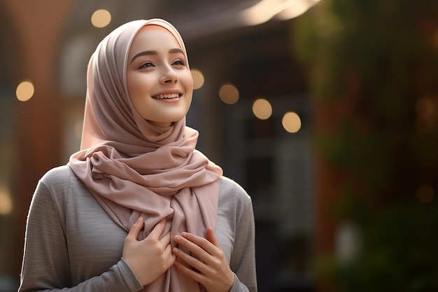 Photo generative ai image of beautiful asian muslim girl wearing hijab with happy expression