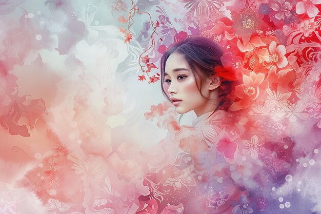 Генеративный ИИ-образ красивой девушки, рисующей акварель с розовыми цветами на заднем плане
