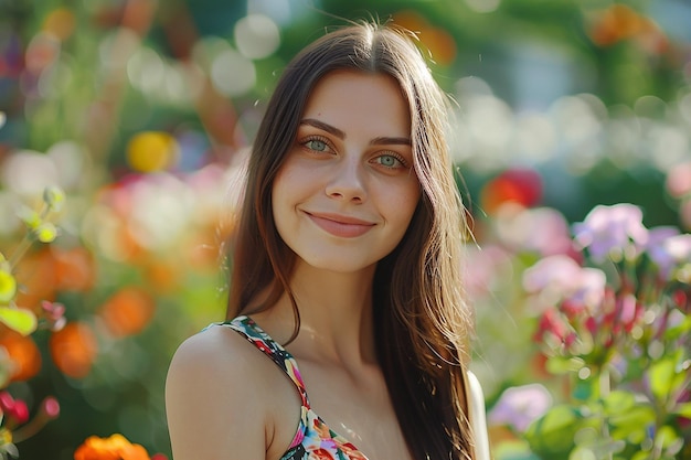 Photo generative ai image of beautiful russian girl with smile expression in flower park in spring