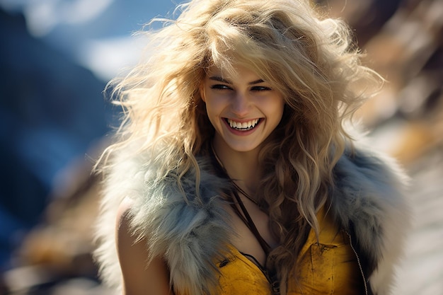 美しい人狼の女の子が毛皮の服を着て 幸せな表情をしているAI生成画像