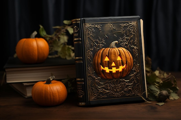 Foto immagine ai generativa di un libro con copertina di zucca di halloween su un tavolo di legno