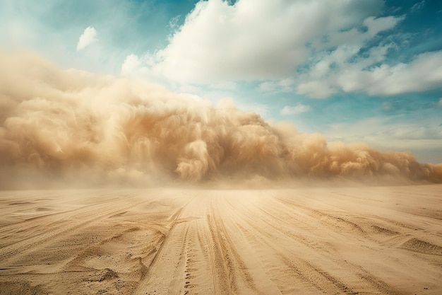 Генерируемое ИИ изображение коричневого песка в пустыне с пылью и сильным ветром в ярком небе