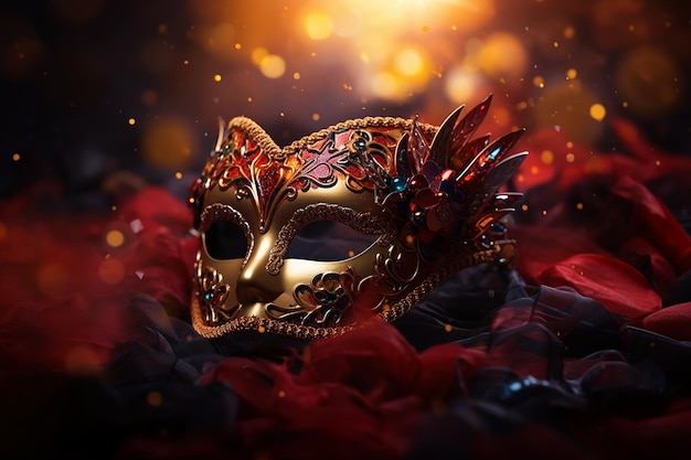 Генеративное ИИ изображение карнавального фона с роскошным украшением золотой маски