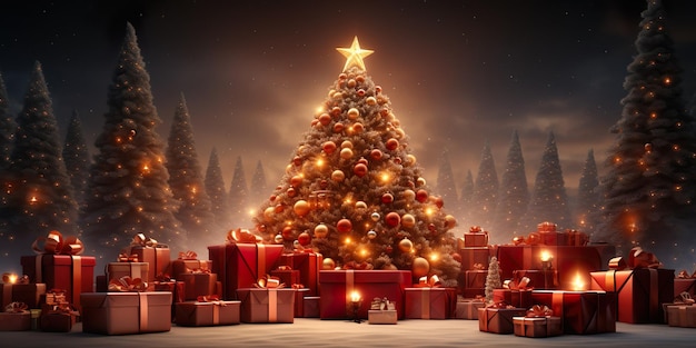 Photo generative ai image of christmas tree with bright lights and presents