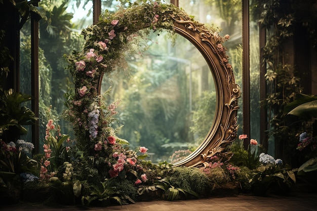 Генеративное ИИ изображение кругового зеркала с золотой рамой в цветущем саду