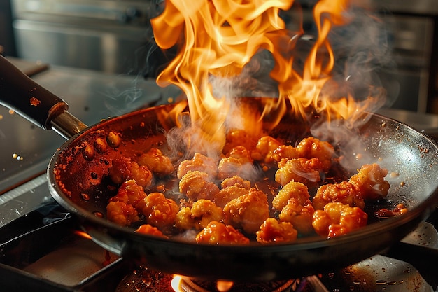 뜨거운 불의 불꽃으로 팬에 김 고기 음식을 요리하는 인공지능 생성 이미지