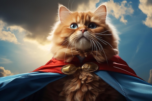 Foto immagine ai generativa del simpatico gatto che indossa il costume da supereroe sullo sfondo del cielo azzurro