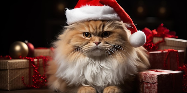 Immagine ai generativa di un simpatico gatto con cappello da babbo natale