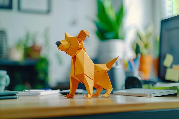 Foto immagine generativa di ai di un cane carino da un origami di carta piegata sulla scrivania dell'ufficio