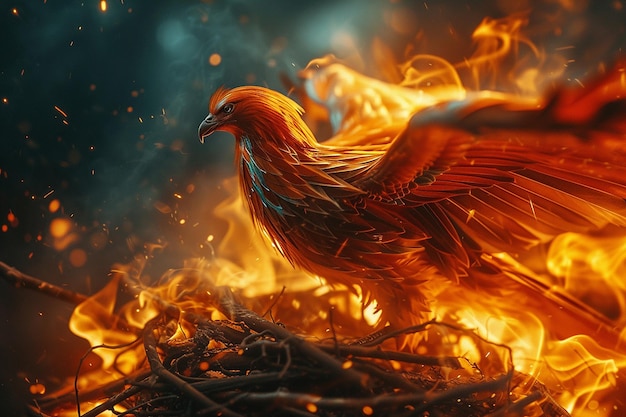 Generative AI Image of Dashing Phoenix Bird with Hot Fire Flame Flying in Galaxy Sky