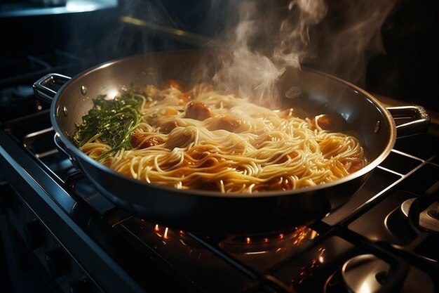 Generative AI Image of Delicious Spaghetti Noodles in a Wok Cooked on the Stove