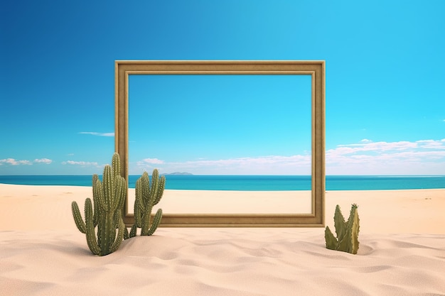 Photo generative ai image of empty wooden photo frame background on the beach in summer
