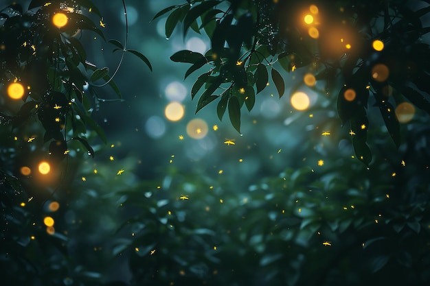 Генеративное ИИ изображение лиственных растений в саду ночью с светлячками и огнями Боке