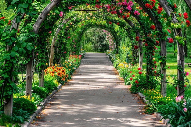 公園の春の花のアーチの下の歩道のAI生成画像