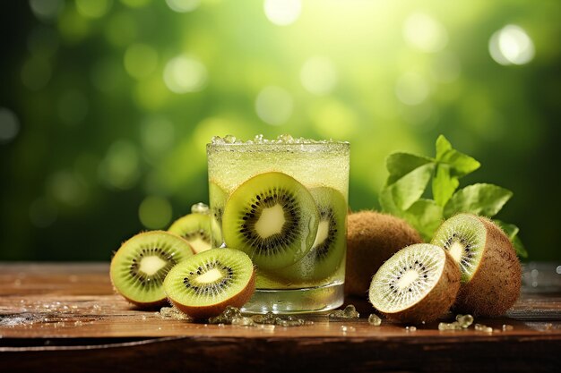 Generative ai image of fresh kiwi fruit drink in glass on bright nature background