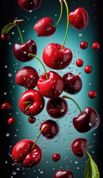 Generative ai image of fresh ripe flying cherries with green leaves and water drops against blue background