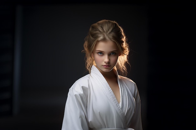 Генерируемое ИИ изображение девушки в униформе кимоно, занимающейся каратэ на темном фоне