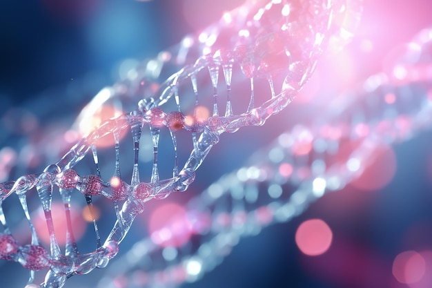 Генеративное AI-изображение стеклянной модели ДНК с молекулами на светлом фоне