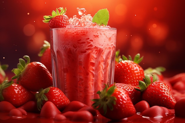 Generative AI Image of a Glass of Strawberry Fruit Juice with Ice Looks Fresh