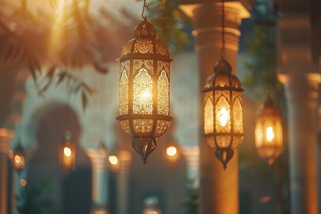 Генерируемое ИИ изображение золотых исламских фонарей, висящих на дворе мечети