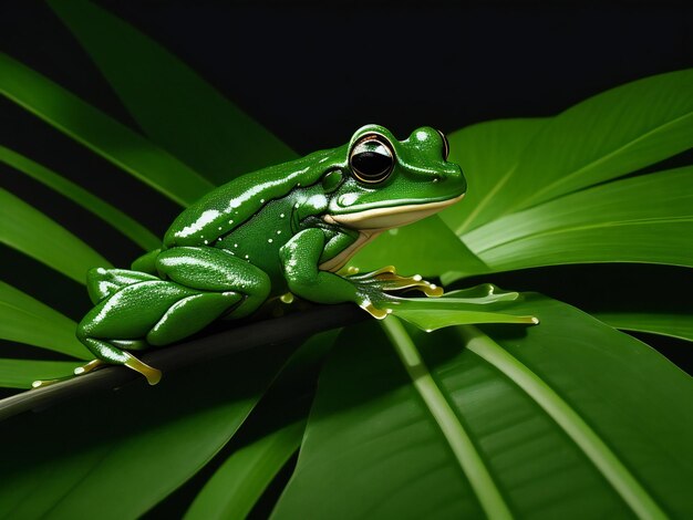 Generative ai image of green frog sitting on green leaf of tropical plant against black background ai generated