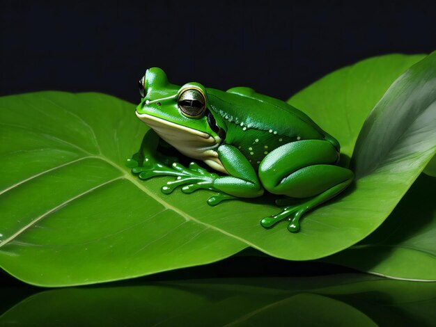 Generative ai image of green frog sitting on green leaf of tropical plant against black background ai generated