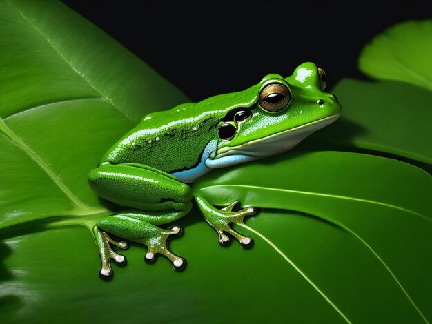 Foto immagine generativa di una rana verde seduta su una foglia verde di una pianta tropicale sullo sfondo nero